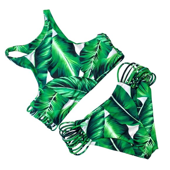 Cupshe Green Tropical Palm Leaf Print High Neck Tank Cheeky Bikini Swimwear Sz L - Picture 1 of 9